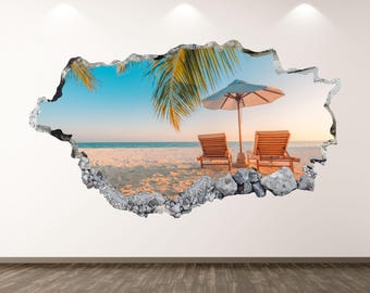 Beach Wall Decal - Wall Sticker Palm Tree Tropical Beach Smashed Wall Art Decor Vinyl Home Poster Print Custom Gift Peel and Stick