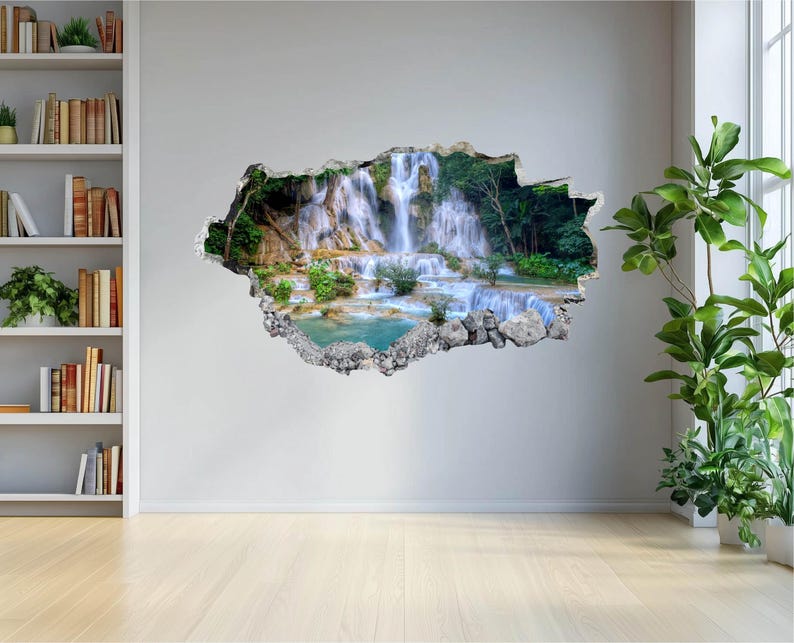 Waterfalls Wall Decal - Wall Sticker Mountain Landscape 3D Smashed Wall ...
