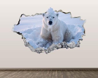 Polar Bear Wall Decal Sticker 3D Smashed Animal Art Kids Room Decor Poster Print