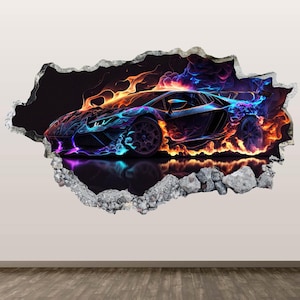 Puede incluir: Obra de arte digital de un coche deportivo rompiendo una pared. El coche es negro con llamas de neón azul, morado y naranja. La pared es gris con un fondo oscuro y el suelo es reflectante.