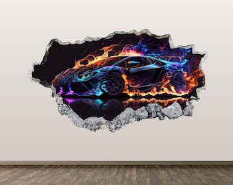 Neon sportwagen muursticker met vlammen, raceauto muursticker, 3D 'smashed art', kinderkamer decoratie, poster, muurschildering, zelfklevend.