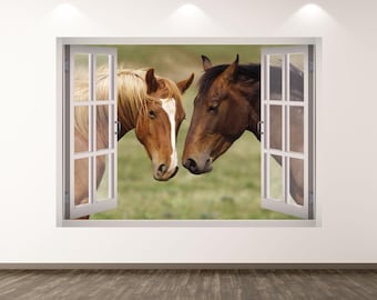 Horses Wall Decal - 3D Window Wall Sticker Animal Horse View Wall Art Kids Decor Vinyl Home Poster Print Custom Gift