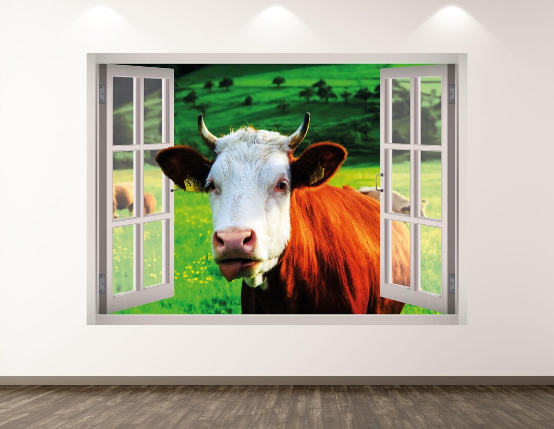 Farm Cow Wall Decal - 3D Window Wall Sticker Animal View Wall Art Kids ...