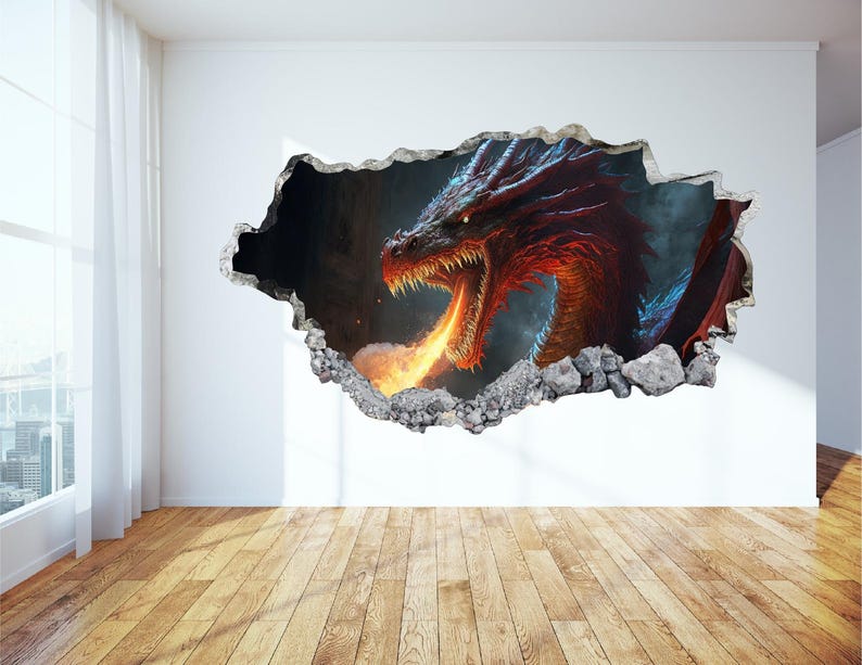 Fire Dragon Wall Decal - Wall Sticker Magic Dragon Smashed Wall Art ...