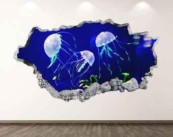 Jelly Fish Wall Decal - Wall Sticker Ocean Smashed Wall Art Kids Decor Vinyl Home Poster Print Custom Gift Peel and Stick