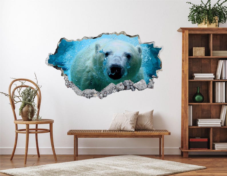 Polar Bear Wall Decal - Wall Sticker Polar Animal 3D Smashed Wall Art ...