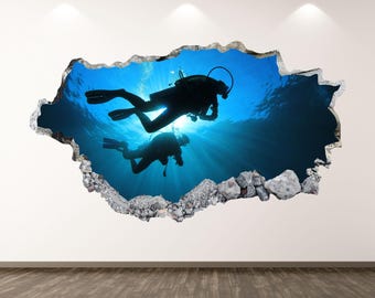 Scuba Divers Wall Decal - Wall Sticker Ocean Scuba diving 3D Smashed Wall Art Kids Room Decor Vinyl Home Poster Print Custom Gift