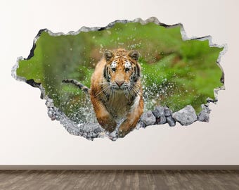 Running Tiger Wall Decal - Wall Sticker Jungle Animal 3D Smashed Wall Art Room Home Decor Poster Print Custom Gift Peel and Stick