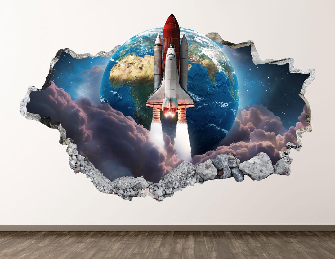 Outer Space Rocket Ship Wall Decal - Wall Sticker Planet Earth View 3D ...
