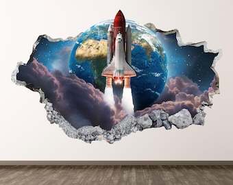 Outer Space Rocket Ship Wall Decal - Wall Sticker Planet Earth View 3D Smashed Wall Art Kids Room Decor Vinyl Home Poster Print Custom Gift