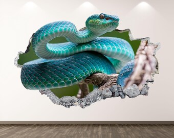 Snake Wall Decal - Wall Sticker Tropical Animal 3D Smashed Wall Art Bedroom Decor Vinyl Home Poster Print Custom Gift
