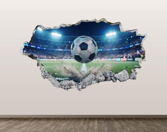 Soccer Wall Decal Stadium Wall Sticker 3D Smashed Art Kids Room Decor Poster Mural Print Peel and Stick
