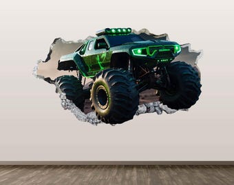 Monster Truck Wall Decal Green Truck Wall Sticker 3D Smashed Art Kids Room Decor Poster Mural Print Peel and Stick