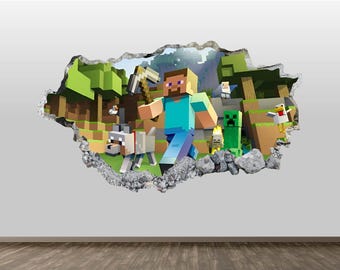 3D Game Wall Decal - Gamer Wall Sticker Gaming Smashed Wall Art Kids Room Decor Vinyl Mural Poster Print Custom Gift Peel and Stick