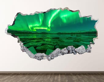 Aurora Borealis Wall Decal - Wall Sticker Iceland Landscape 3D Smashed Wall Art Bedroom Decor Vinyl Home Poster Print Custom Gift