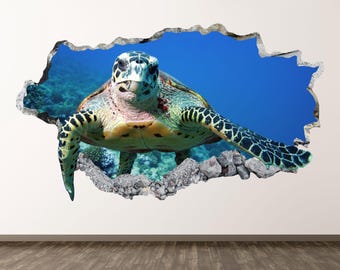 Sea Turtle Wall Art Decal - Wall Sticker Ocean Animal Turtle Smashed Wall Art Kids Decor Vinyl Home Poster Print Custom Gift Peel and Stick