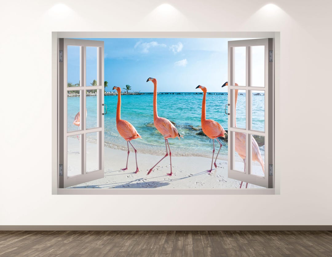 Flamingo Wall Decal - 3D Window Wall Sticker Animal View Wall Art Kids ...