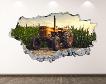 Old Tractor Wall Decal - Wall Sticker Vintage Farm Tractor Smashed Wall Art Kids Decor Vinyl Home Poster Print Custom Gift Peel and Stick
