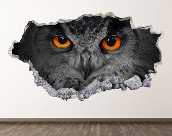 Owl Wall Decal - Wall Sticker Night Animal 3D Smashed Wall Art Kids Room Decor Vinyl Home Poster Print Custom Gift