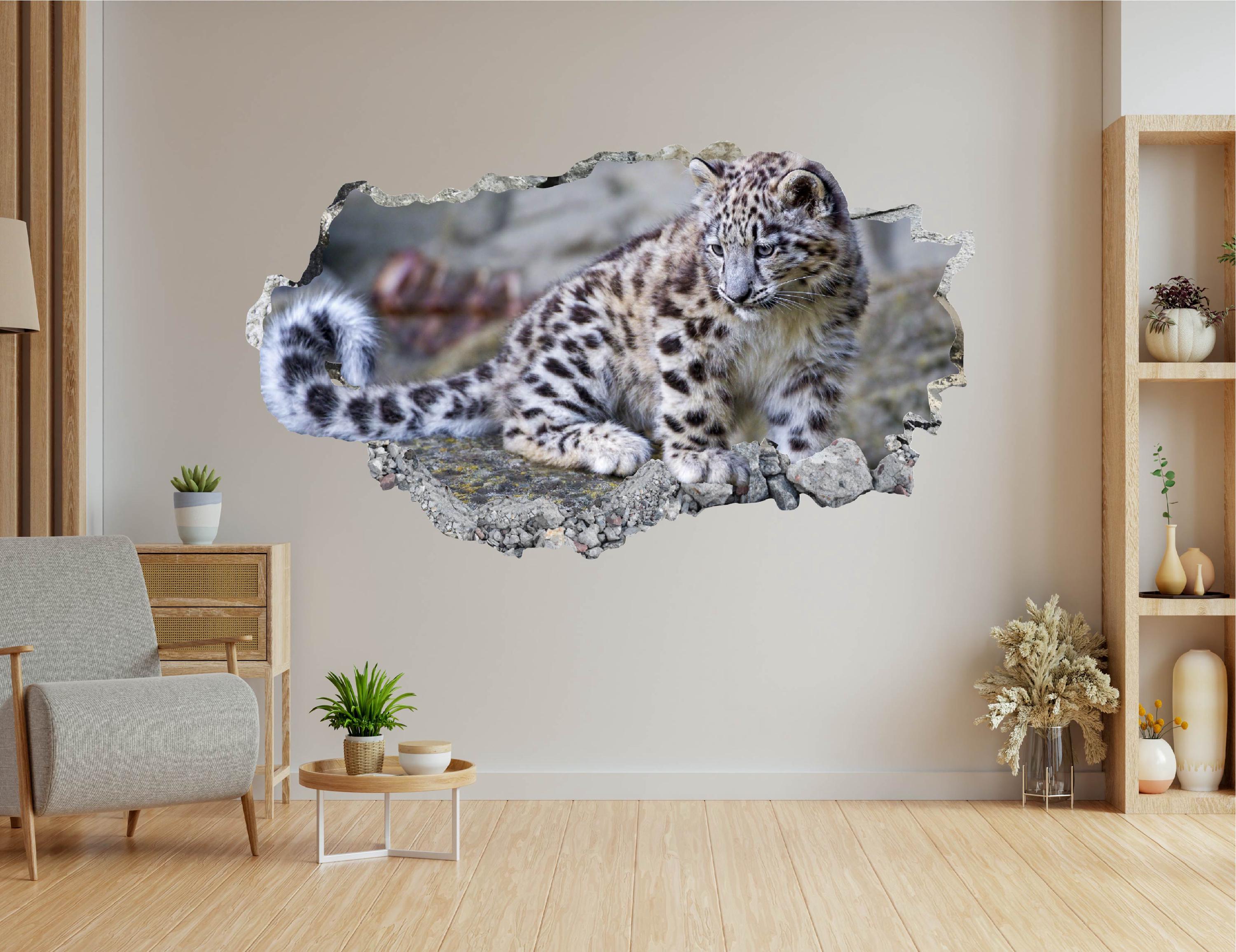 Snow Leopard Wall Decal - Wall Sticker Jungle Animal 3D Smashed Wall ...