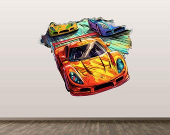 Fast Cars Wall Decal - Wall Sticker Race Racing Illustration Sport Cars 3D Smashed Wall Art Kids Room Decor Poster Print Peel and Stick
