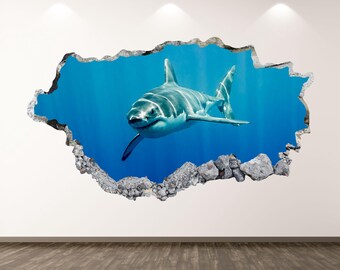 White Shark Wall Decal - Wall Sticker Animal Great Shark Smashed Wall Art Kids Decor Vinyl Home Poster Print Custom Gift Peel and Stick
