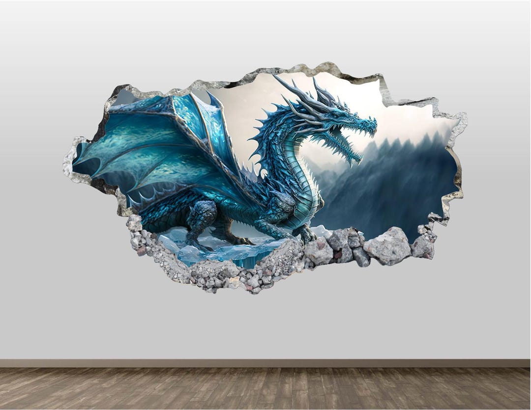Ice Dragon Wall Decal - Wall Sticker Fantasy Dragon Smashed Wall Art ...