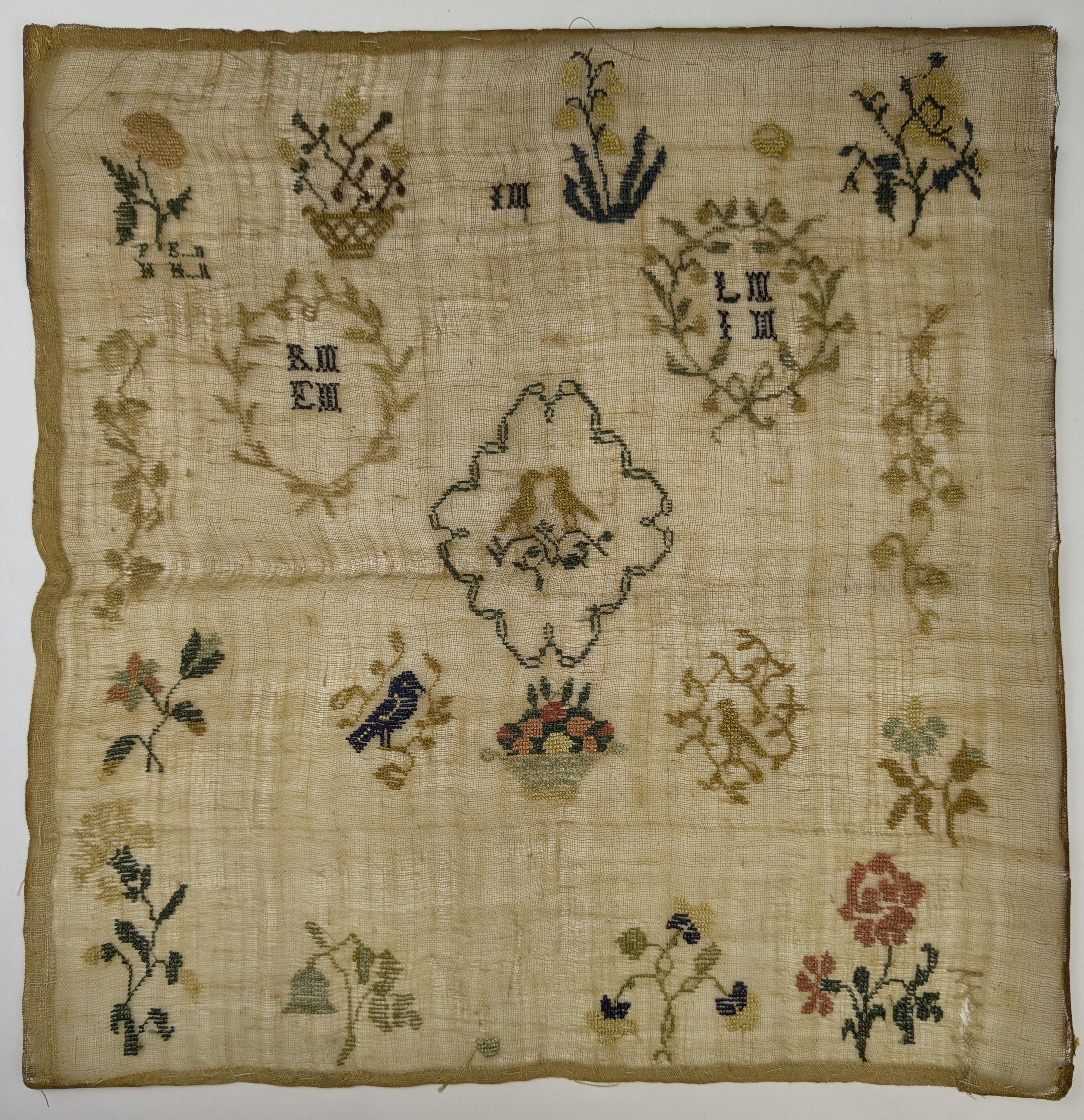Antique Fine Gauze Linen Sampler with Birds, Cartouche, and Baskets of Flowers, Late 18th/Early 19th Century