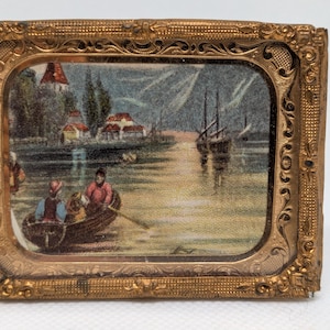 Antique Dollhouse Art - Framed Chromolithograh - Swiss Lakes Scene - Ornate Gold Tone Frame - Nineteenth Century - European - 2&quot; x 2.5&quot;