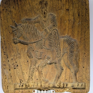 Antique Folk Art Cookie Mold: Cat & Sinterklaas, Primitive Dutch/German Speculaas Board