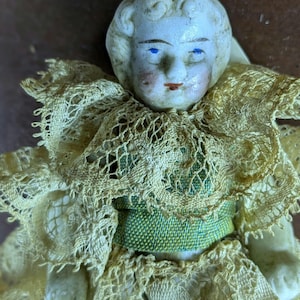 Antique Victorian Miniature Child Doll - Bisque Dollhouse Baby with Original Lace Dress - Circa 1890-1910