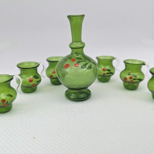 Vintage Dollhouse Miniature Decanter Set: Hand-Painted Green Glass, US Zone Germany