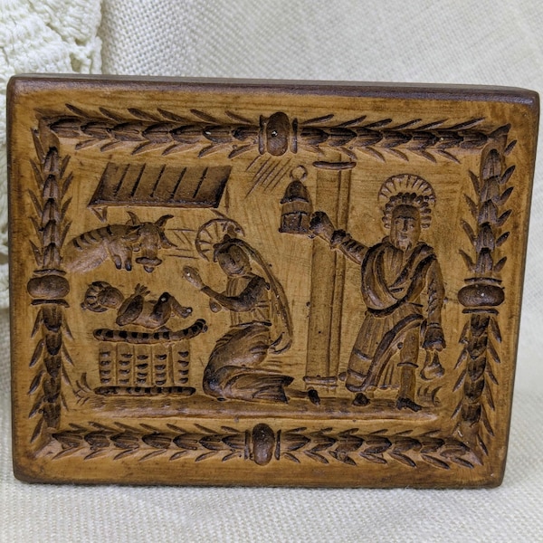 Forma de biscoito de madeira com cena da Natividade - Prensa Springerle & Speculaas moderna esculpida à mão, temática religiosa/natalina.