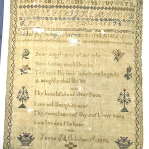 Victorian Needlework Sampler: 1858 Signed Cross Stitch, Guardian Angel Verse
