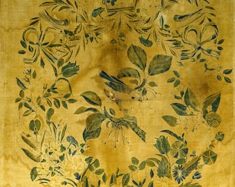 May include: A vintage, hand-painted fabric panel with a circular design featuring birds, flowers, and leaves. The panel is on a yellow background with blue and green accents.