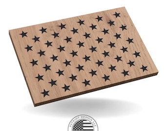 May include: A wooden plaque with a light brown finish, featuring a design of black stars arranged in rows. The plaque has a rectangular shape and a beveled edge. The logo of "Patriot Design LLC" is at the bottom.