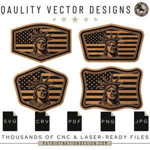 May include: Four vector designs featuring the Statue of Liberty with an American flag background. The designs are in various shapes and are in shades of brown and black. The image also includes file type icons: SVG, CRV, PDF, PNG, and JPG. Text at the top reads "QAULITY VECTOR DESIGNS".
