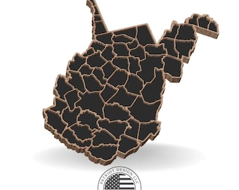 May include: A three-dimensional wooden map of West Virginia, USA, with a black interior and a brown border. The map is angled, showing the state's counties. The Patriot Design LLC logo, featuring the American flag, is at the bottom.