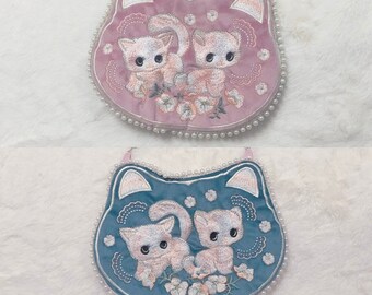 Double Side 2 Color (pink and blue) Kitty Flower Embroidery Pearl Detachable Chain Bag