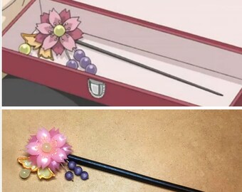 Tomoe and Nanami Pink Sakura Flower and Butterfly Cat Eye and Jade Hair pin Hair Stick