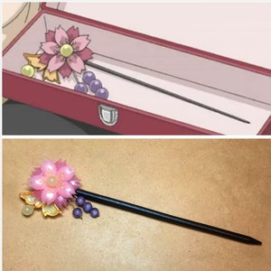 Tomoe and Nanami Pink Sakura Flower and Butterfly Cat Eye and Jade Hair pin Hair Stick