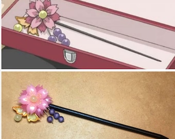 Tomoe and Nanami Pink Sakura Flower and Butterfly Cat Eye and Jade Hair pin Hair Stick