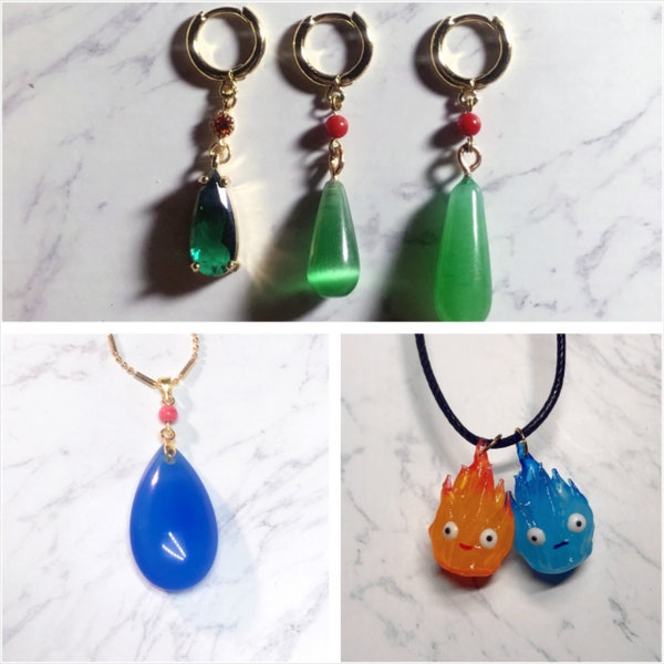 Howl Green Jade Tear Drop Gold Earrings and Calcifer 3d Necklace