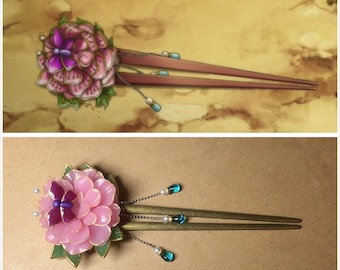 Yona Pink Flower Butterfly and Jade Hair pin Hair Stick