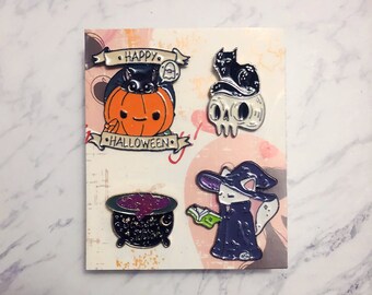 Halloween Pumpkin Skull Wizard Cat Pin (a set of 4)