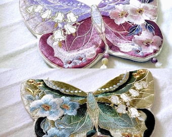 Double Side 2 Color (purple and green) Butterfly Flower Embroidery Tassel Pearl Detachable Chain Bag