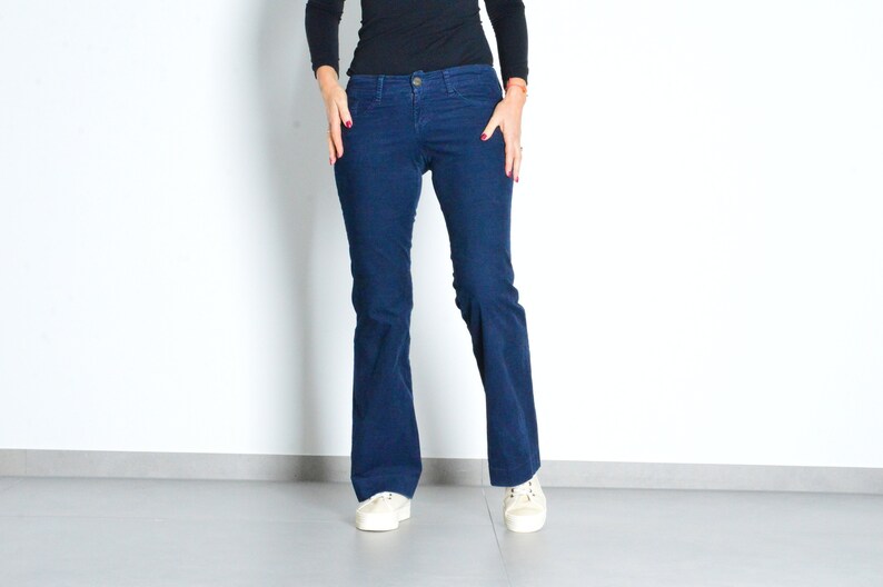 Y2K Navy Blue Flared Boot Cut Corduroy Womens Pants Waist 29 in Size M