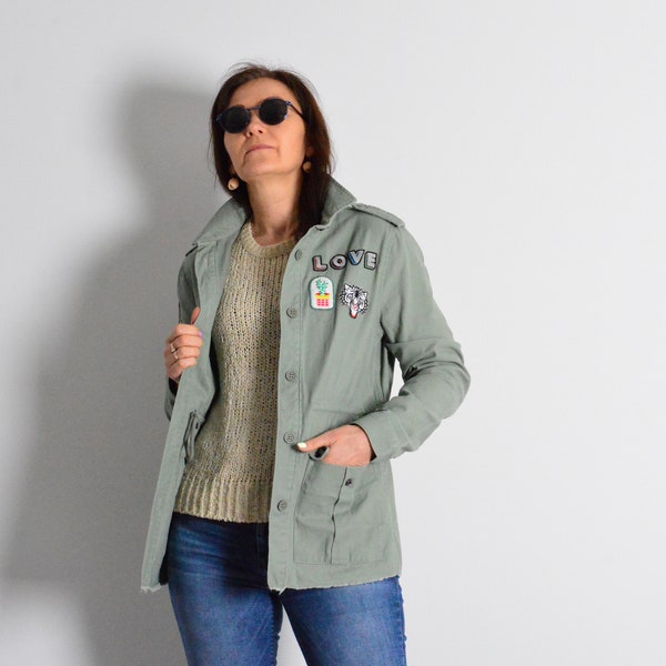 Y2K Khaki Green Girls Love Cactus Cat Patch Grunge Distressed Utility Womens Jacket Size M