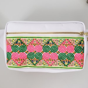 Green Pink Double Heart Hmong Embroidered Fanny Pack Bag for Adults
