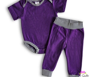 Purple w/Black White Stripes Baby Onesie, and Cuffed Pants - 1 Set - Hmong Phuam Txoos Suab Inspired